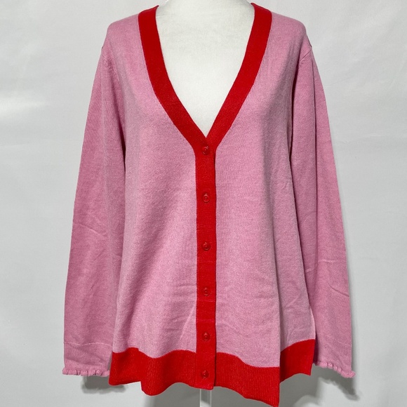 New Two Tone Button Front V-Neck Cardigan Sweater Pink Red Size Medium - Picture 5 of 15
